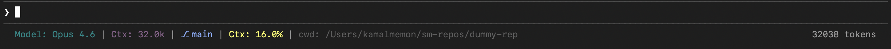 ccstatusline showing model, context usage, branch, and working directory
