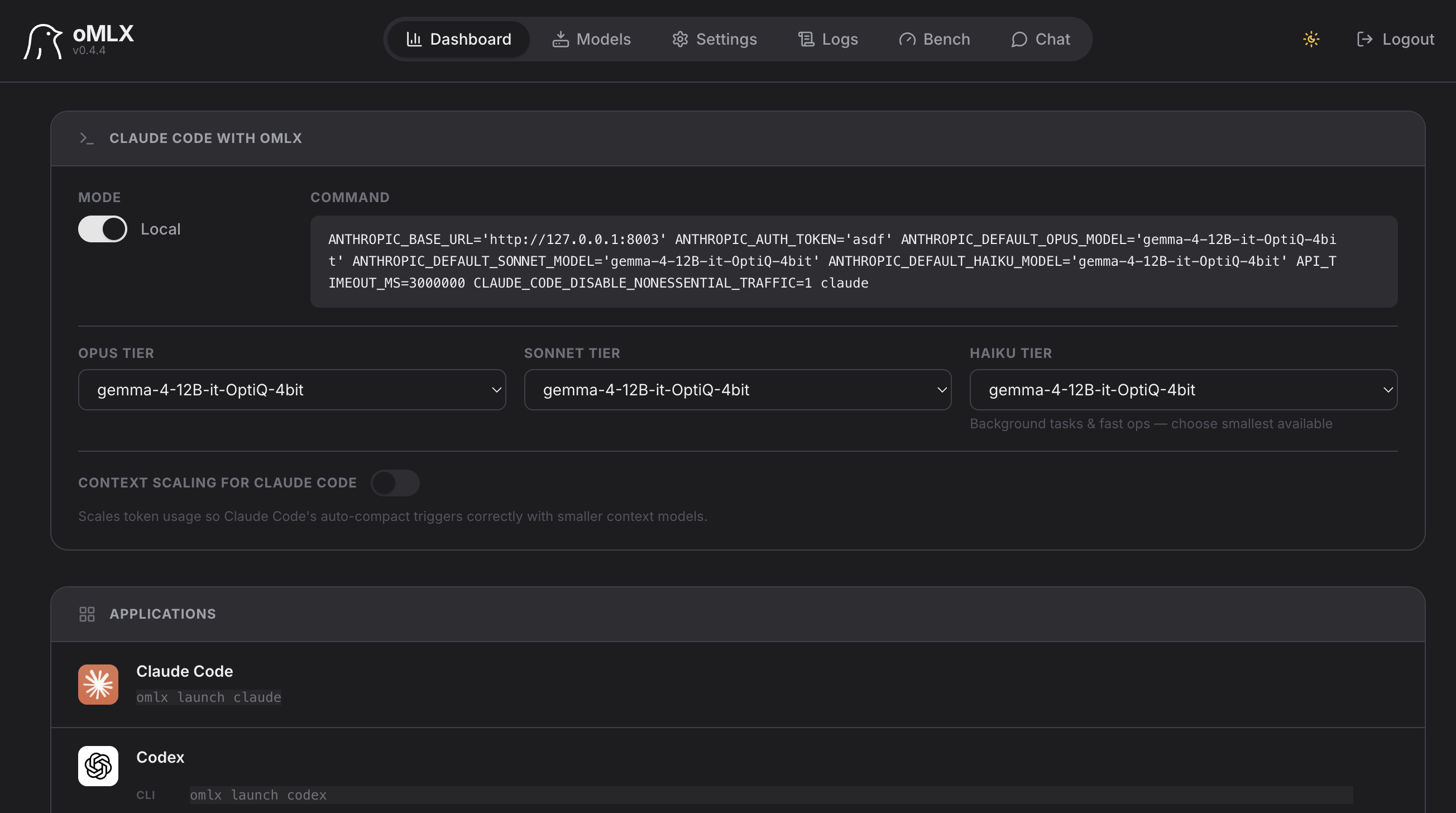 oMLX dashboard showing model setup command generation
